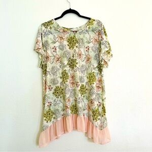 Floral Short Sleeve Ruffle Hem Top - Pink/Green